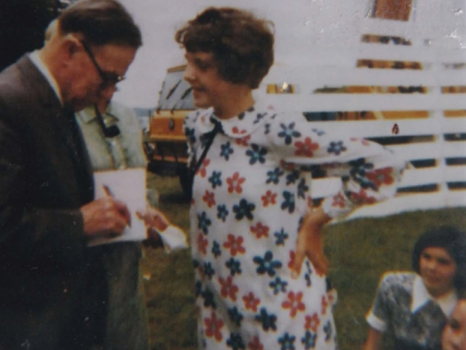 Photograph of Angharad Tomos at Bangor Eisteddfod with T.H. Parry-Williams August 1971.